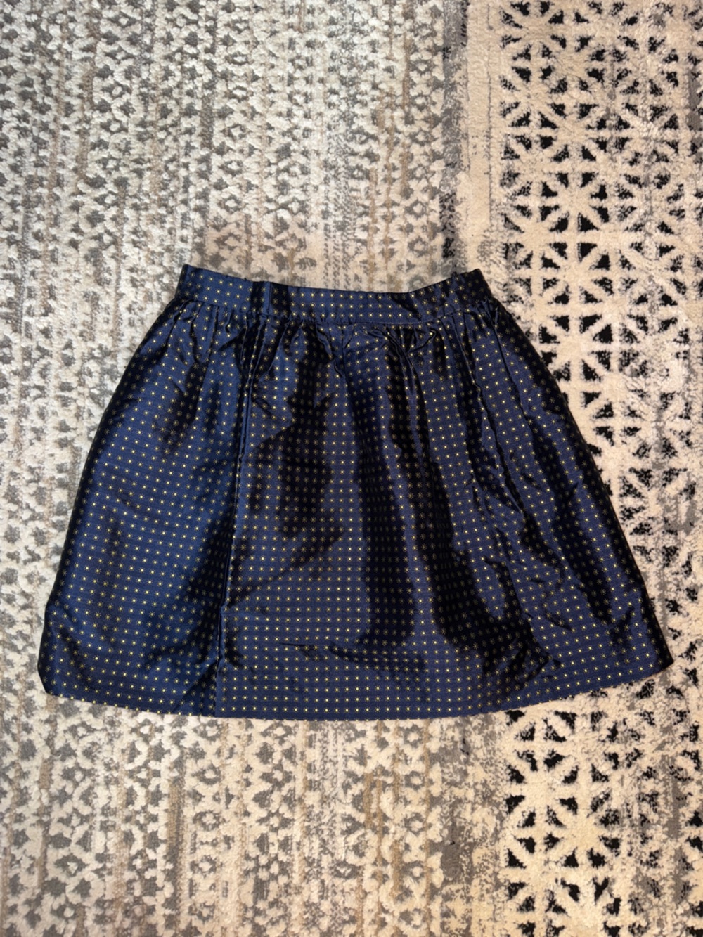 J. Crew Navy 100% Silk Skirt with Gold/Green Dot Print